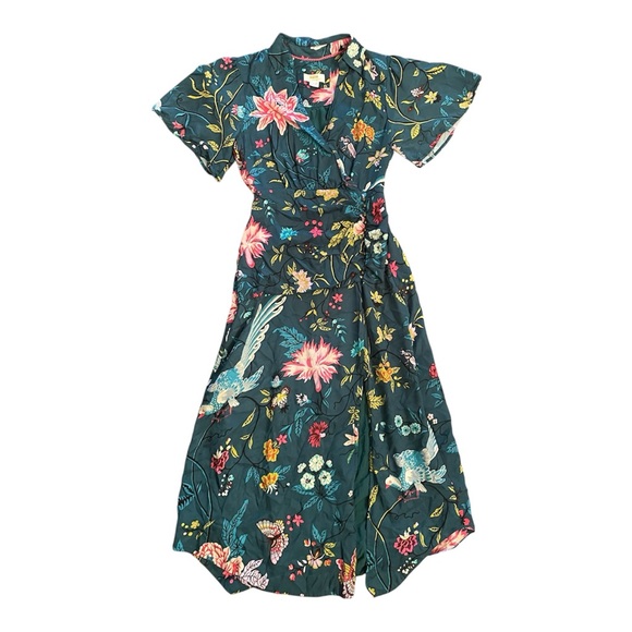 MAEVE Deep Teal Romantic Floral Bird Print Shirt Midi Dress | Size 4 - Picture 2 of 7